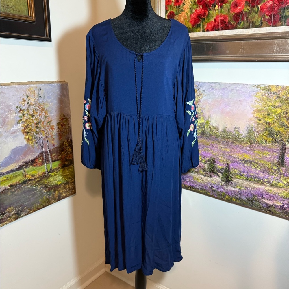 New Directions Navy Dress with Floral Embroidery